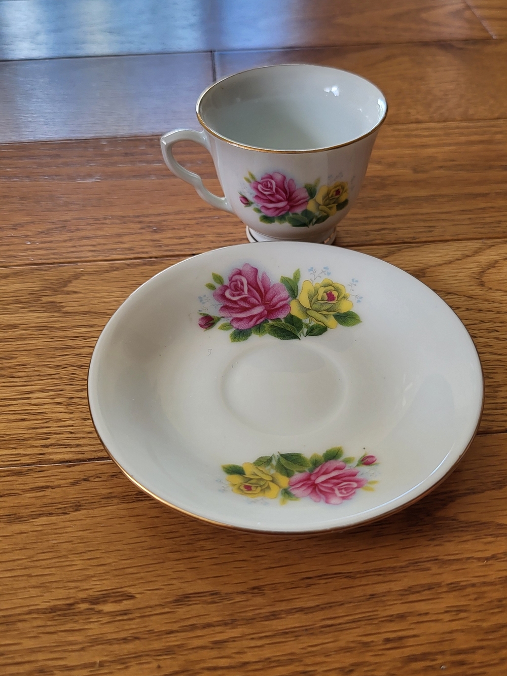 Vintage Floral Porcelain Teacup and Saucer - Pink & Yellow Rose